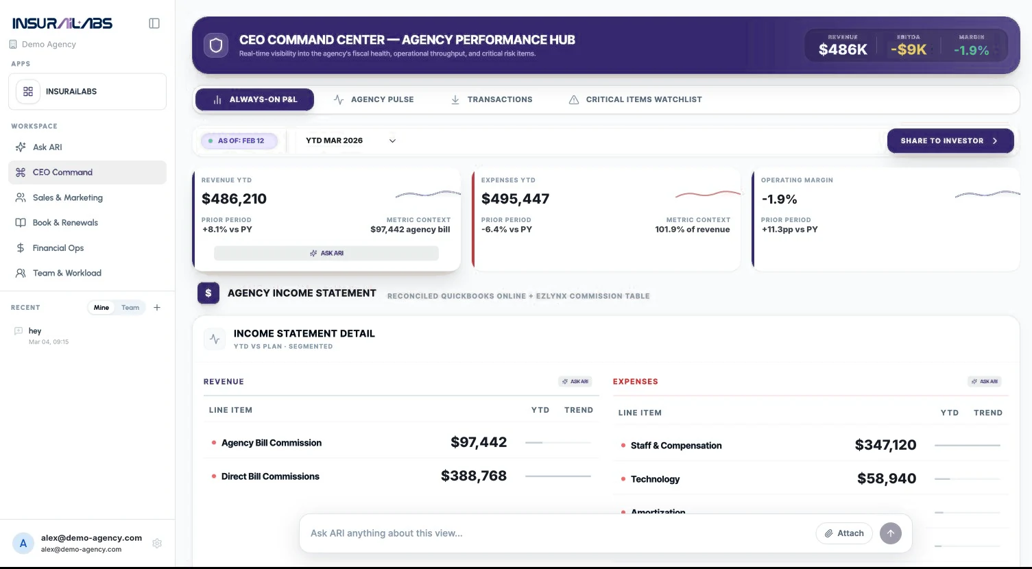 Always-On P&L — KPI cards and the agency income statement.