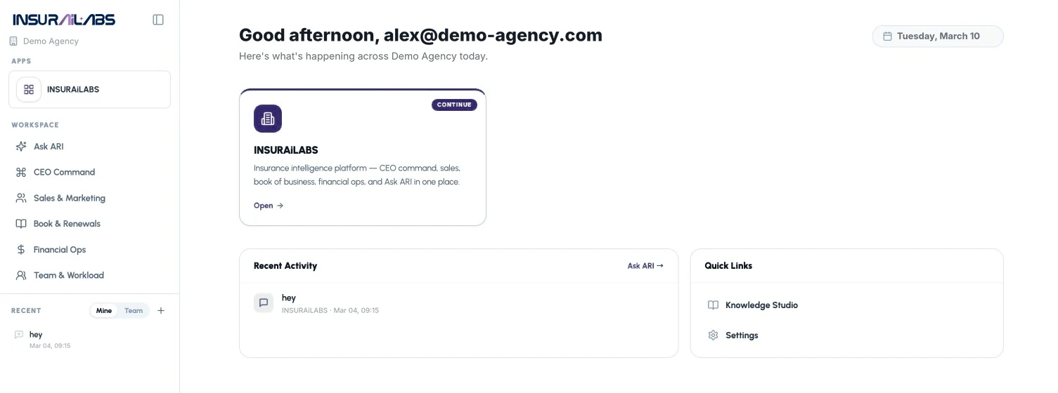 Home — applications, recent activity and quick links.